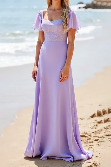Lilac A Line Flutter Sleeve Chiffon Bridesmaid Dress with Beading
